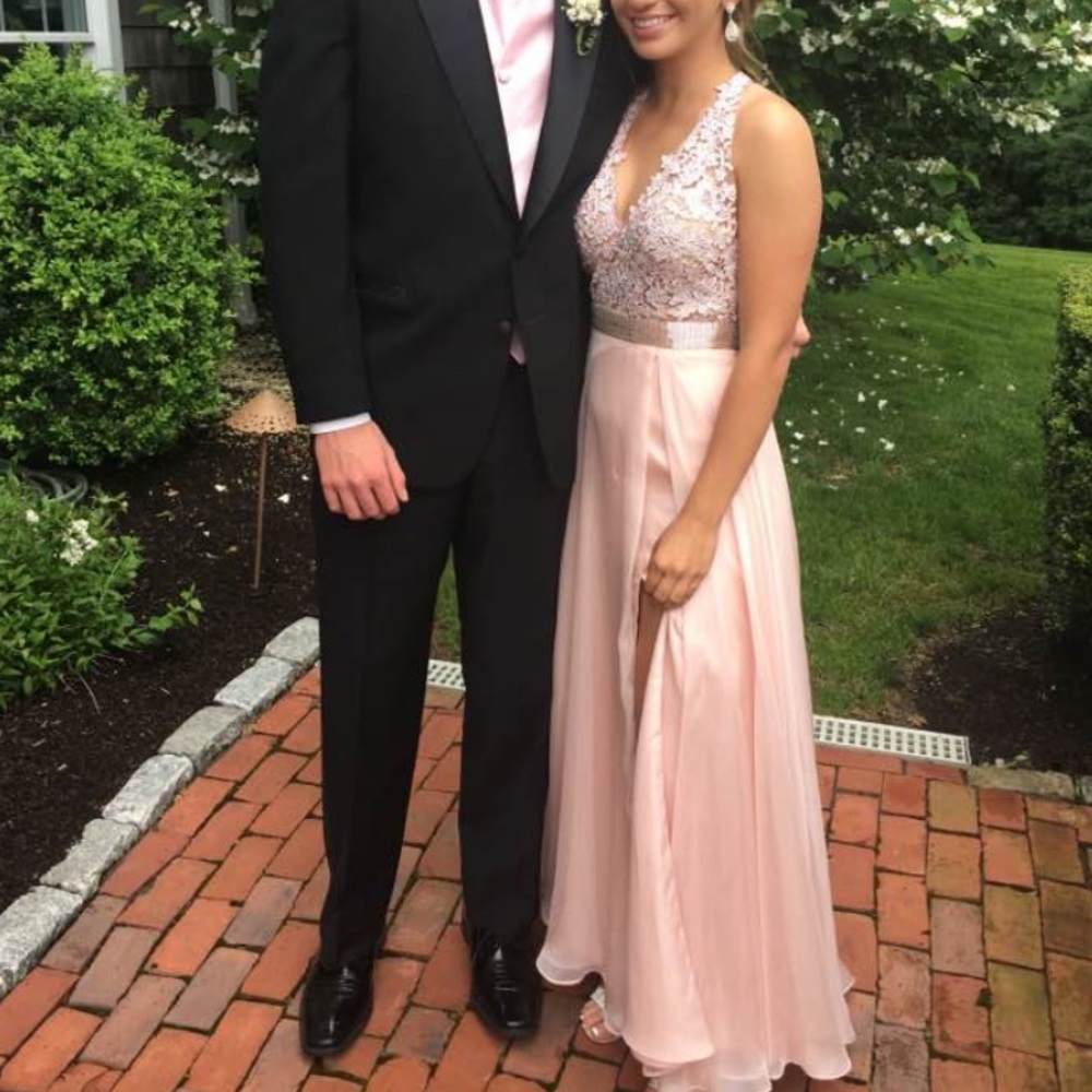 Paparazzi MoriLee Champagne pink halter prom dress